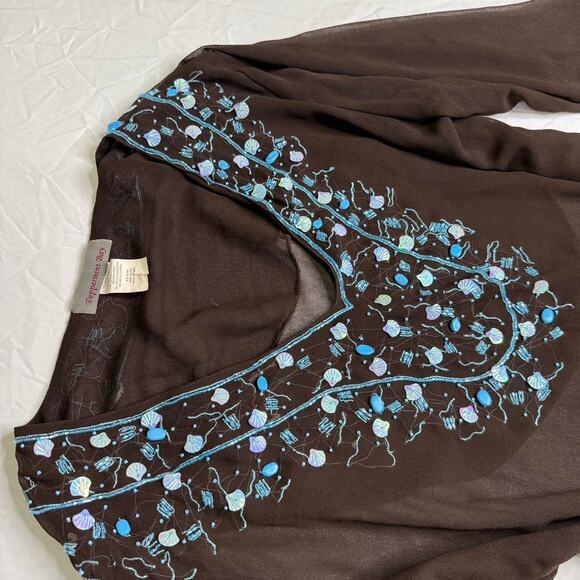 Vintage brown blue peppermintBay long sleeve beaded sheer top - Picture 3 of 8